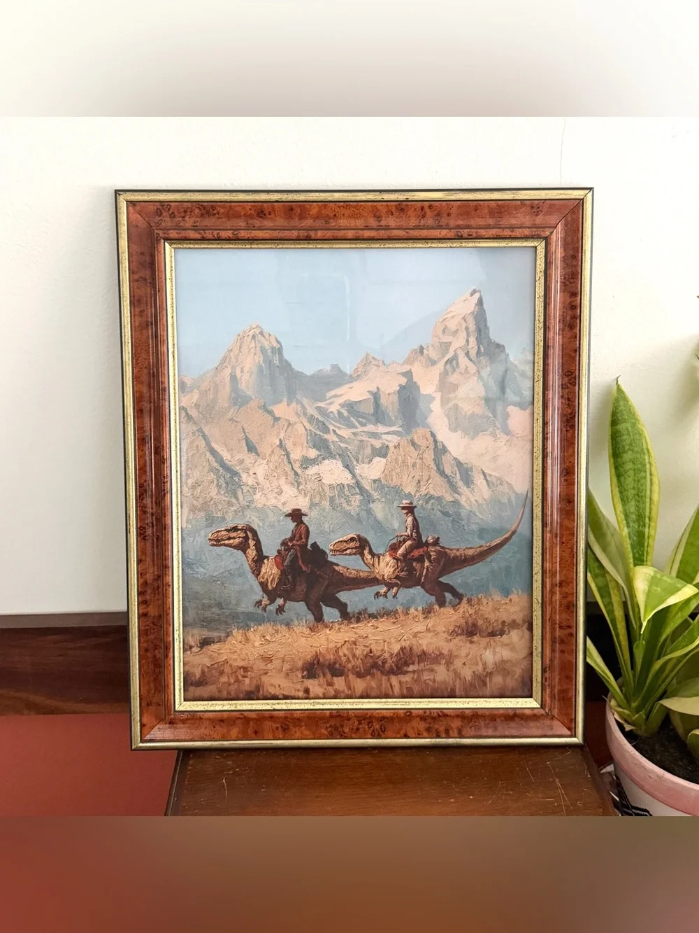 Cowboy Dinosaur Ranger Mountains Canvas Art Print Quirky Vintage Framed Wall Art